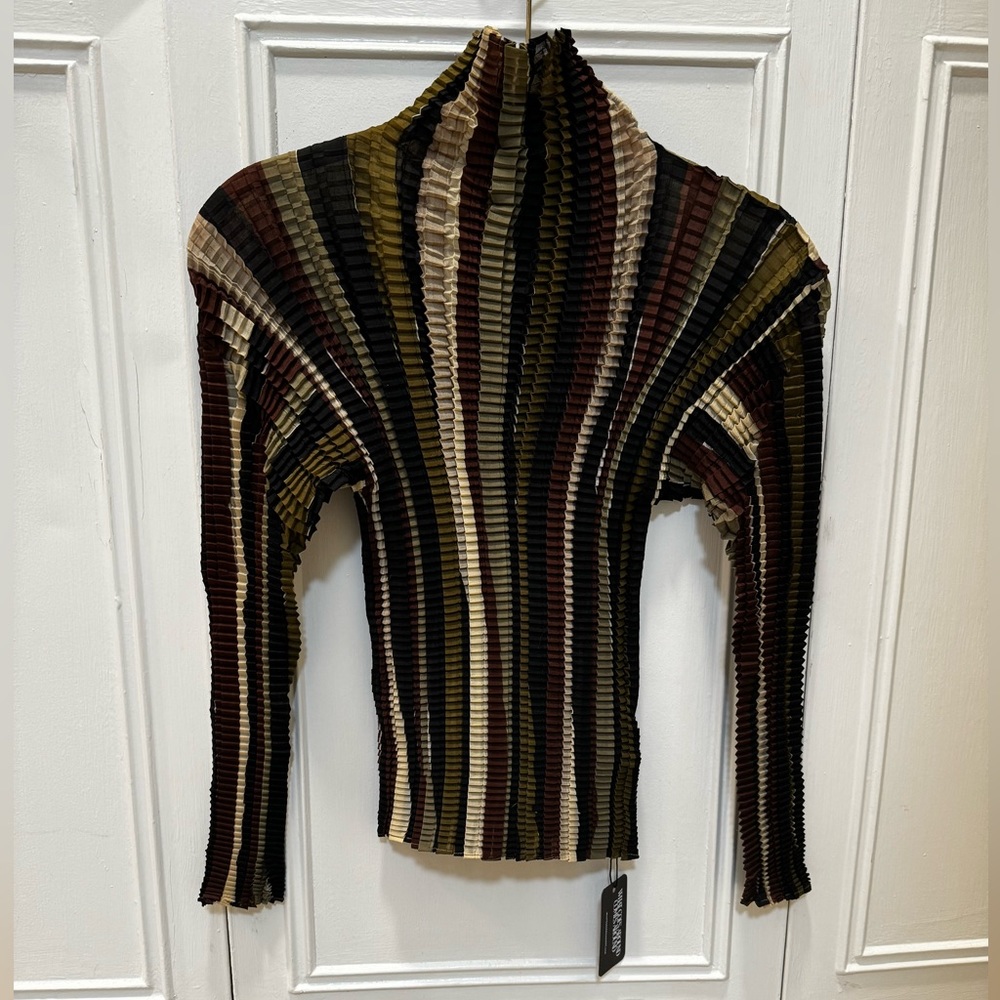 Issey Miyake Vintage Long Sleeve Pleated Crinkle Top with Mock Neck